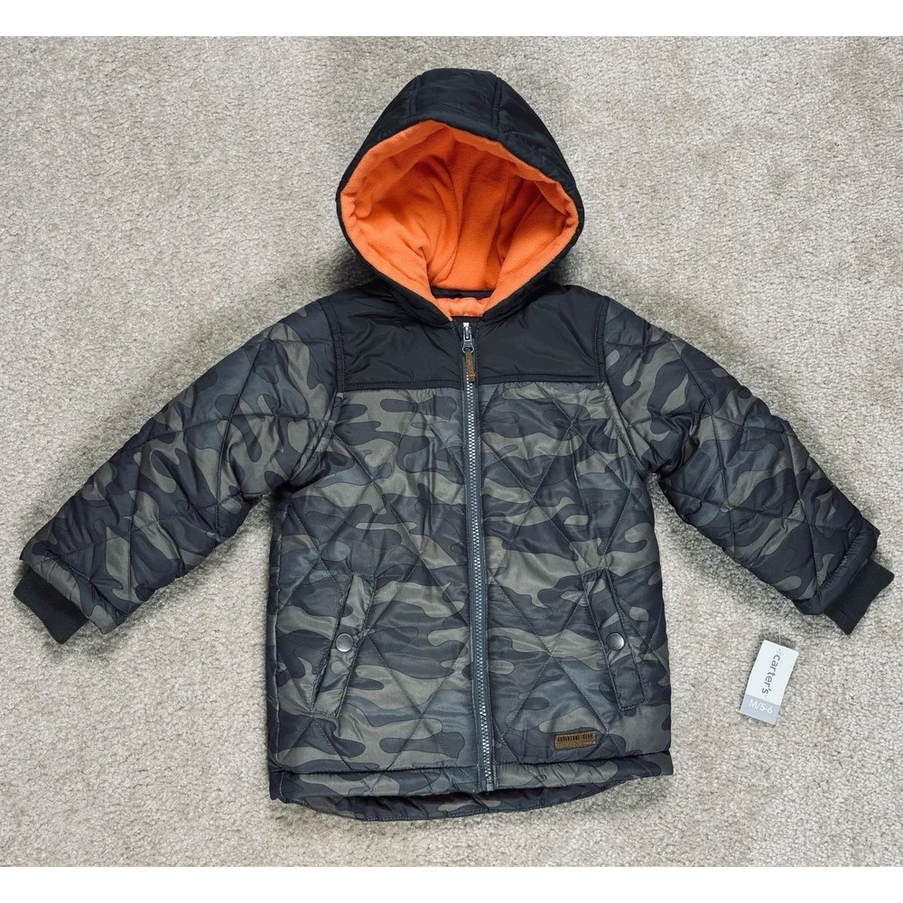 Carters Toddler Boys Camo Puffer Jacket Orange Lined Hooded Coat Green M 5/6 NWT